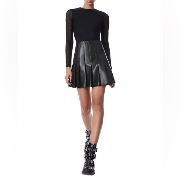 Alice + Olivia Dresses & Skirts - Alice + Olivia Mesh Sleeve Vegan Leather Pleated Mini Dress
